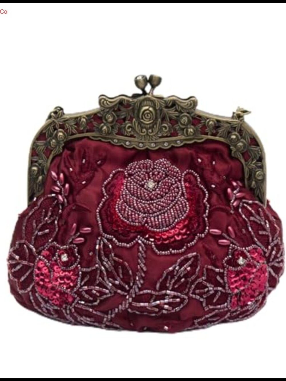 Beaded Rose Kiss Lock Evening Clutch with 2 Chains Handbag